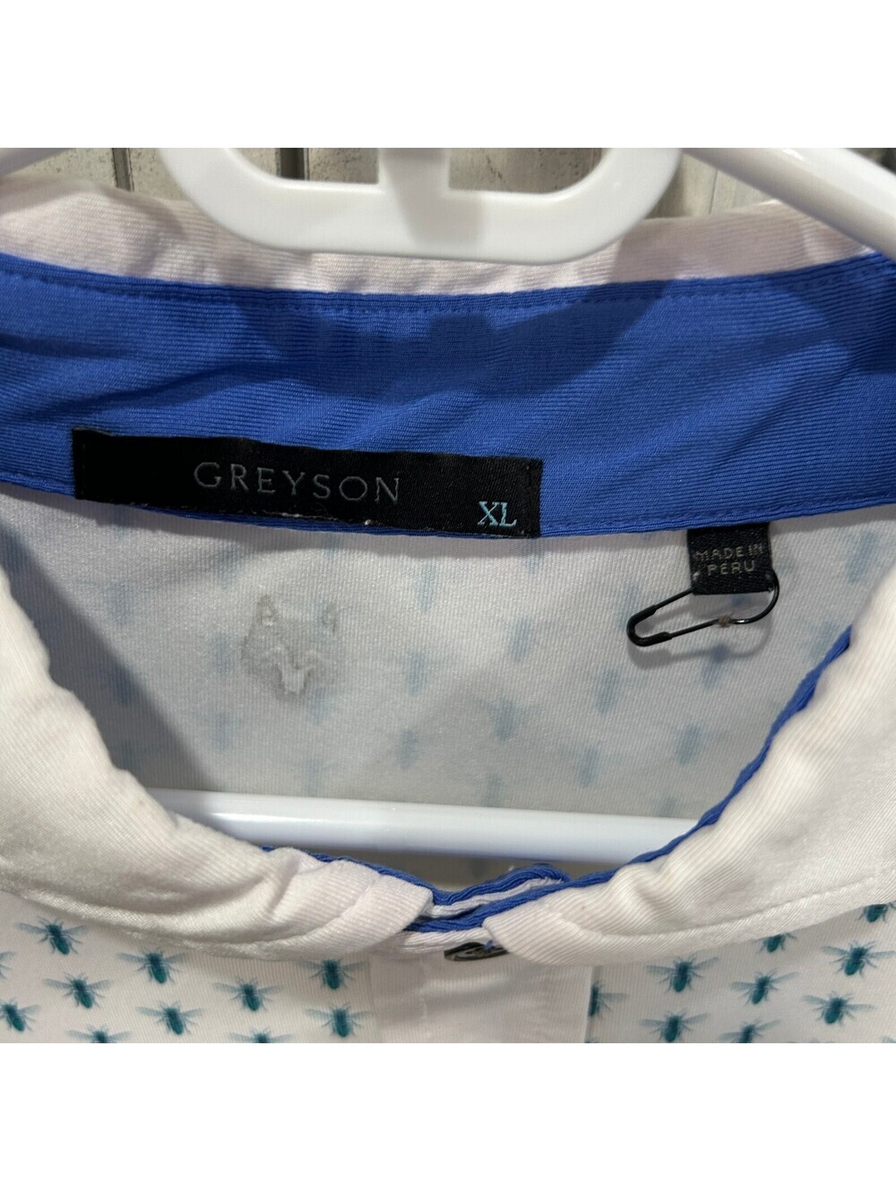 Greyson Men’s XL White Blue Bug Print Performance Golf Polo Tennis Shirt Preppy - Picture 4 of 6